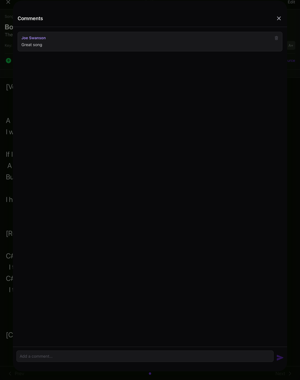 Comments panel on a song with a band member note, showing realtime collaboration