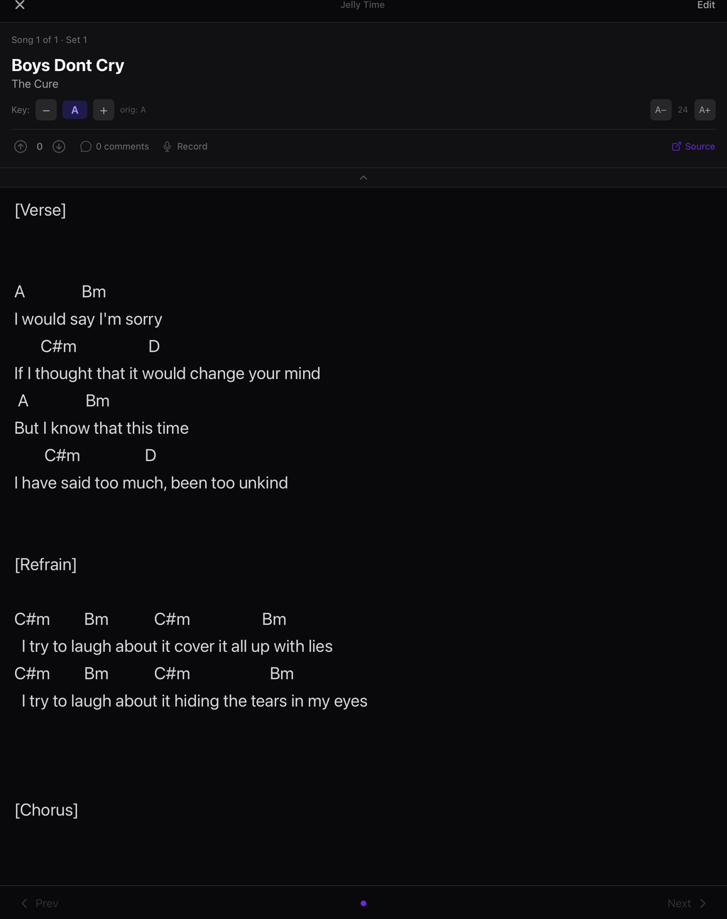 Perform mode showing a single song with large lyrics and chords and Prev / Next navigation