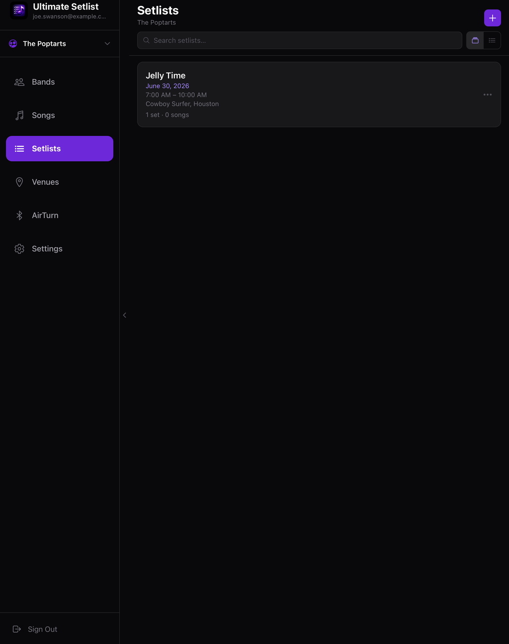 Ultimate Setlist — the Setlists view showing an upcoming gig with date, time, and venue